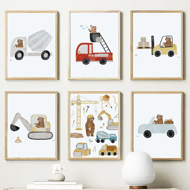Baby Nursery Paintings - 保育園の壁アート子供用プリント漫画クマフォークリフト掘削機車泥トラックポスター子供部屋用ベビー装飾キャンバス絵画