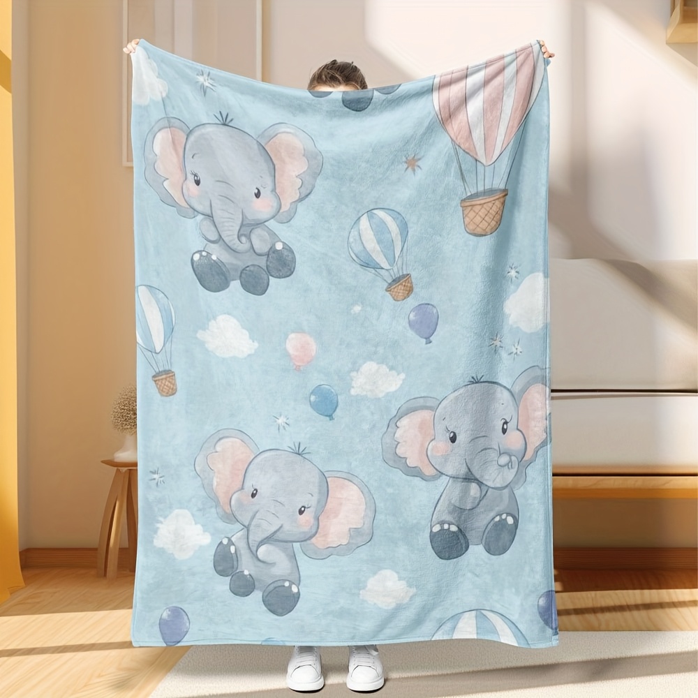 Baby Nursery Elephant Theme - 愛らしい赤ちゃん象の熱気球水彩画柄スローケット、子供・幼児の保育室装飾、心地よいラップブランケット、赤ちゃんへのギフト
