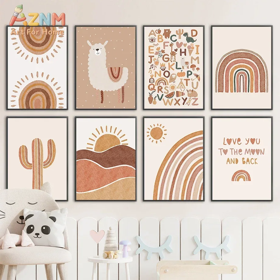 Baby Nursery Jungle - アルパカ、ユニコーン、太陽、虹、サボテンをモチーフにした、北欧風の壁掛けアート、キャンバス絵画、ポスター、プリント、子供部屋やベビーベッドの部屋に飾るのに最適な壁飾り。