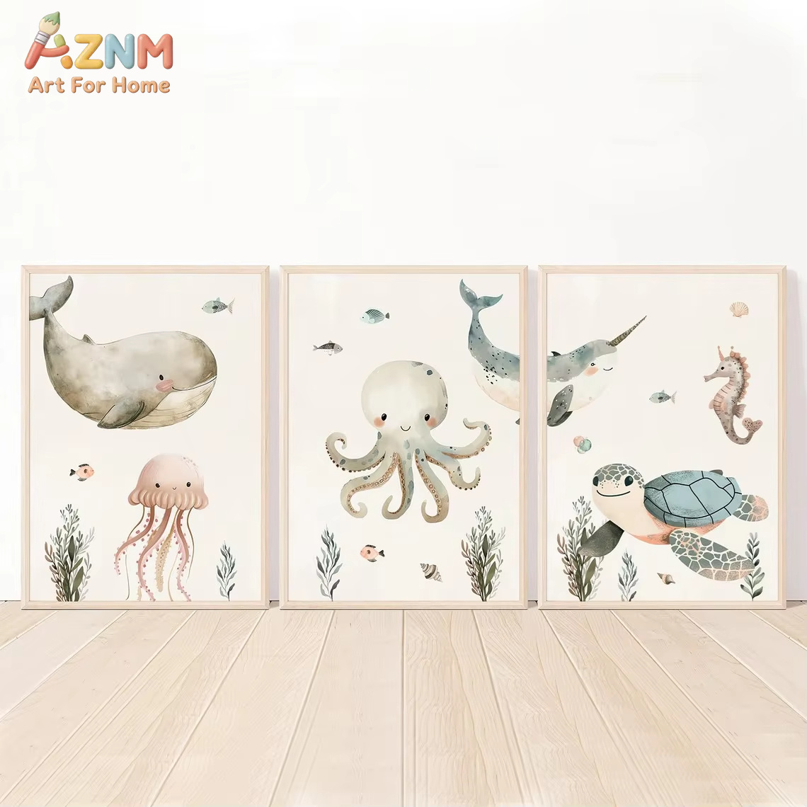 Baby Nursery Paintings - AZNM 水彩かわいい海洋動物キャンバスウォールアートクジラタコカメタツノオトシゴプリント非フレームキャンバス絵画赤ちゃん保育園用
