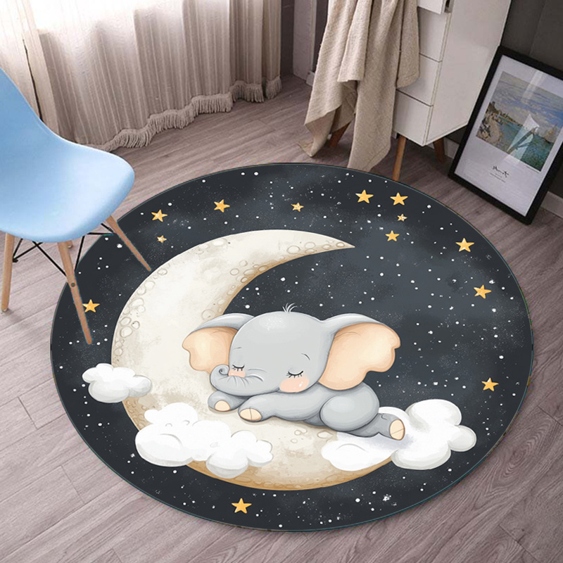 Baby Nursery Elephant Theme - かわいい象、月、星、丸いラグ、ベビー保育園の装飾、子供部屋のフロアマット、夢のような夜空のテーマ、クリスタルベルベットカーペット
