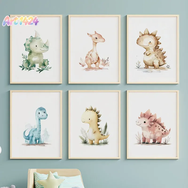 Baby Nursery Jungle - 漫画恐竜ジャングルかわいい恐竜ベビーシャワーポスター子供部屋キャンバス絵画ウォールアートプリント子供の寝室装飾用絵画