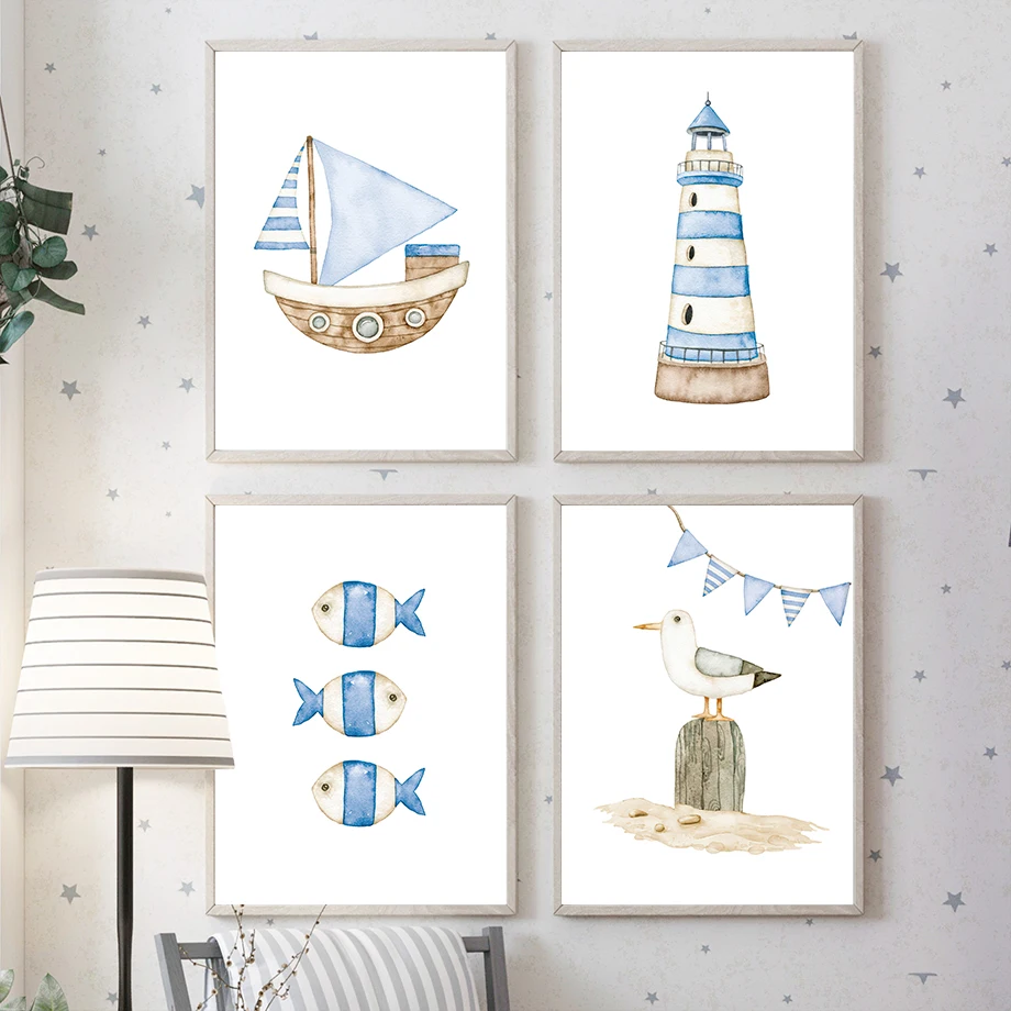 Baby Nursery Paintings - 帆船灯台魚航海保育園ポスターとプリントキャンバス絵画北欧壁アート写真ベビーキッズルームホームデコ