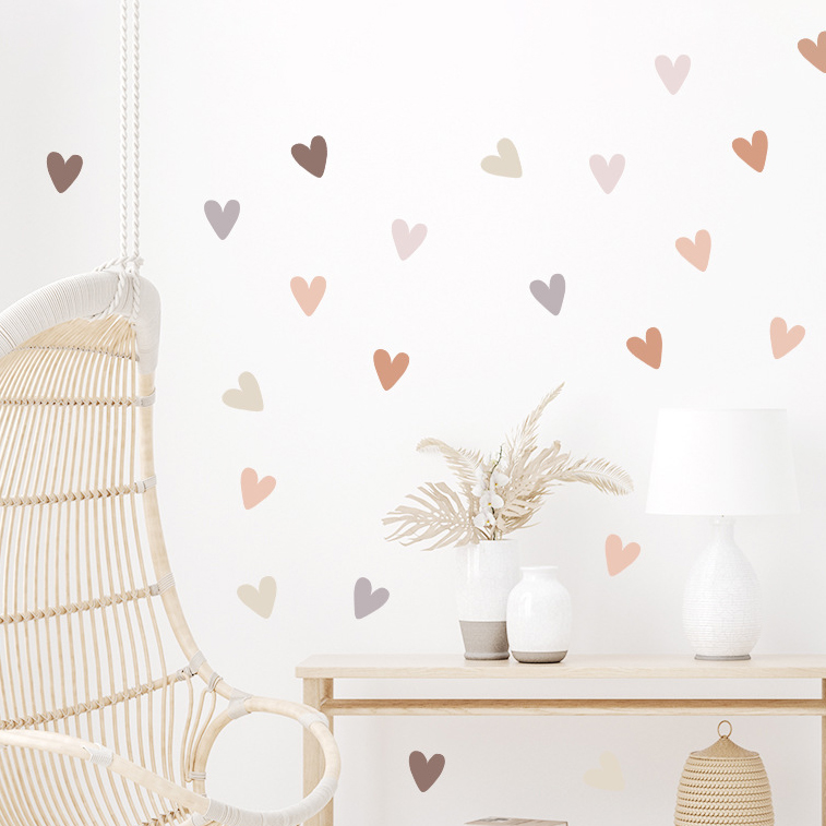 Baby Nursery Vinyl Wall Stickers - モランディカラーの散りばめられたハートのウォールステッカー ボヘミアン ニュートラル パステル ラブハート ビニールデカール