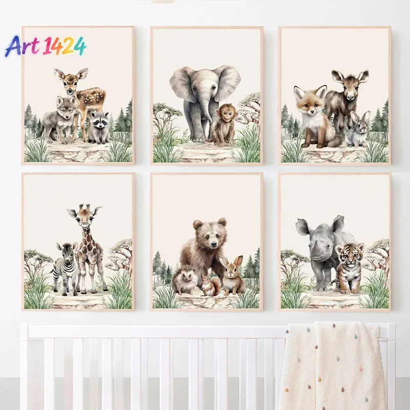 Baby Nursery Jungle - 1枚（フレームなし）象、キリン、クマ、キツネ、鹿の子供部屋用ウォールアート、キャンバス絵画、ジャングル動物のポスターとプリント、ベビー向け。
