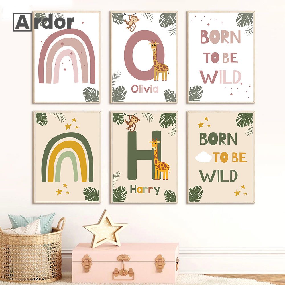 Baby Nursery Jungle - 北欧ジャングル動物ポスター カスタムネーム キャンバス絵画 レインボー ウォールアート プリント