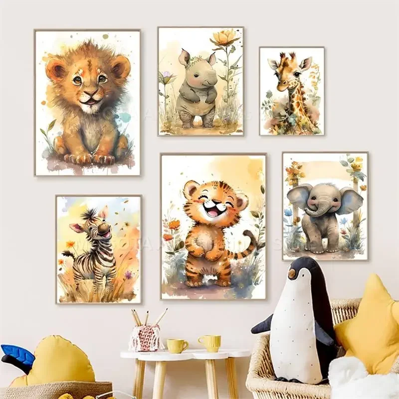 Baby Nursery Paintings - 水彩画ライオンキリン虎象ゼブラ保育園壁アートキャンバス絵画動物ポスタープリント写真ベビーキッズルームデコレーション