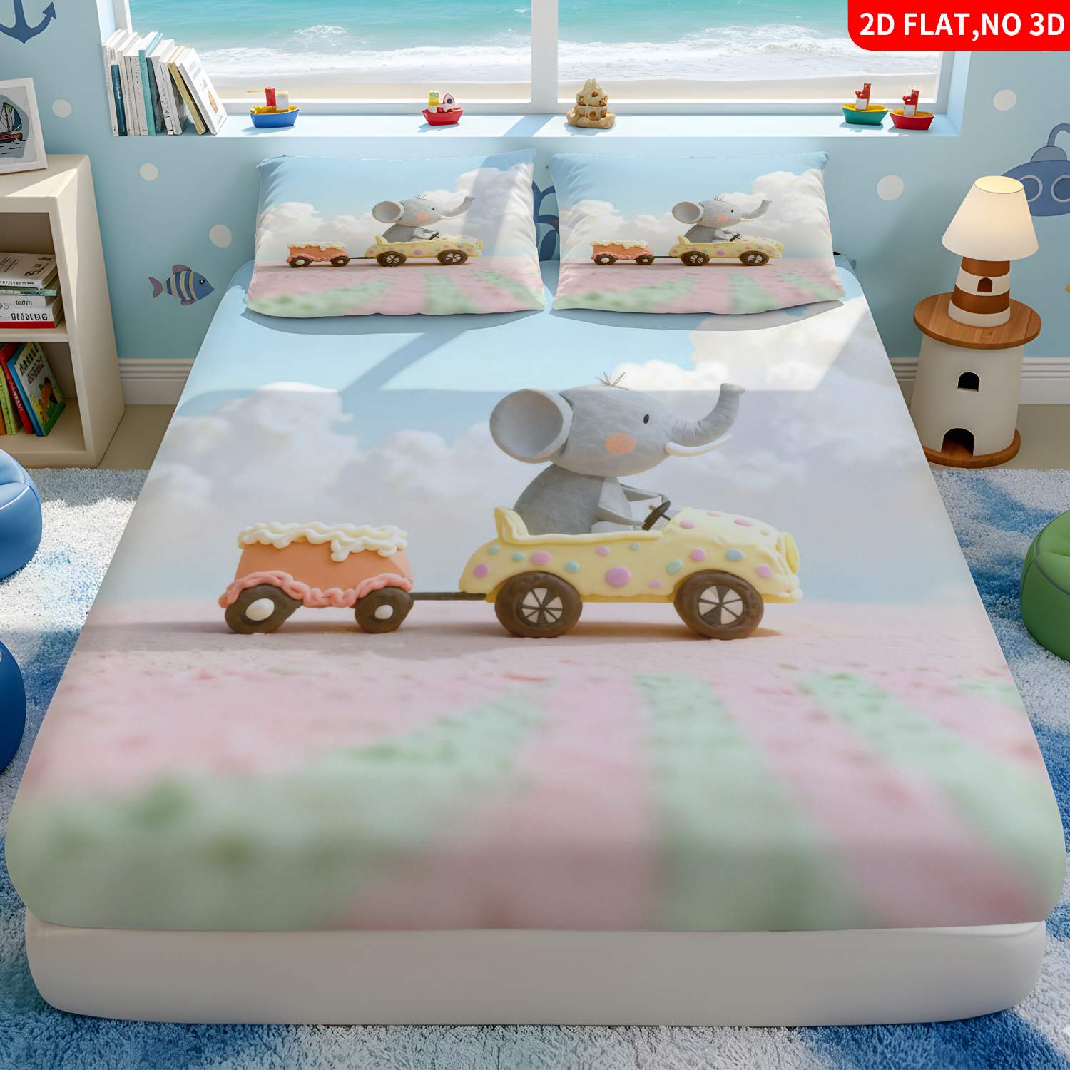 Baby Nursery Elephant Theme - クリスマス2Dデジタルプリント3点寝具セット（フィットシーツ1枚＋枕カバー2枚を含む）マットレスプロテクター、ゴム付きフィットシーツスタイル、保護カバー、マットレスプロテクター、フィットシーツスタイル寝具、クリスマスをテーマにした寝具、ベビー寝具、保育園に適しています、ライトイエローとピンクのゾウの歩行柄、水玉模様と雲柄