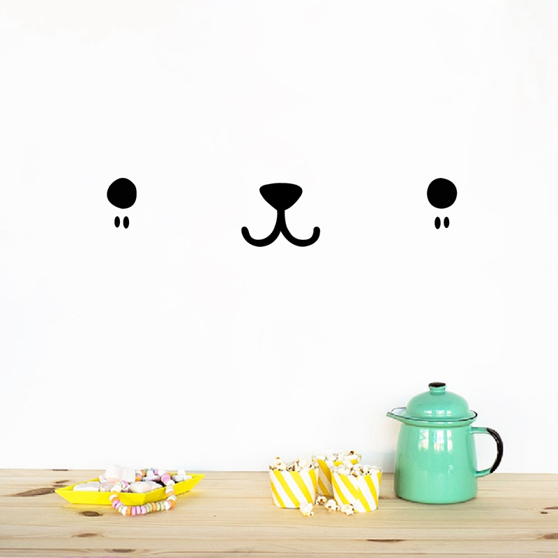 Baby Nursery Vinyl Wall Stickers - ウォールステッカーかわいいカワイイフェイスアートデカール猫犬クマ動物の目鼻口ビニールステッカー赤ちゃん部屋壁アート装飾