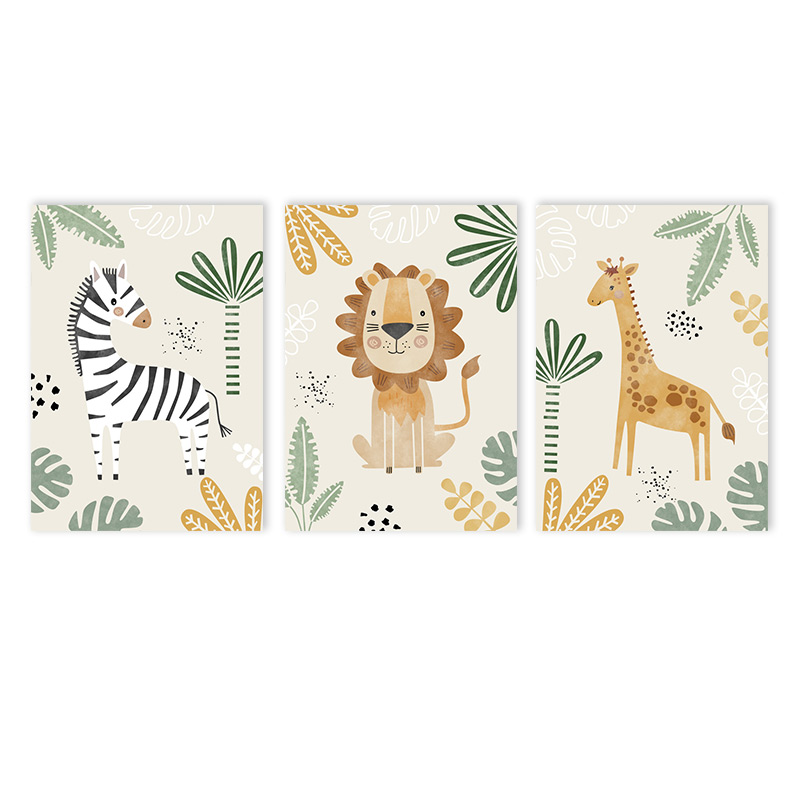 Baby Nursery Jungle - （フレームなし3枚組）-かわいいライオンのキャンバス絵画、ジャングルの動物ウォールアートプリント、キリン、シマウマ、子供部屋ポスター、北欧風ウォールピクチャーベビー