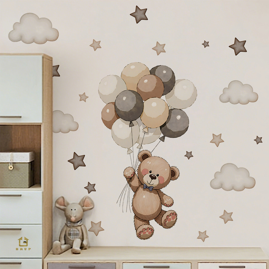 Baby Nursery Wall Decals - 愛らしいテディベアの壁用ステッカー、風船、星、雲付きの取り外し可能な装飾、子供の寝室、プレイルーム、ベビーナーサリー用
