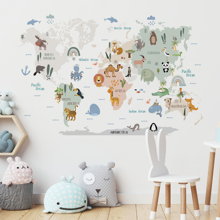 Baby Nursery Vinyl Wall Stickers - 水彩画世界地図壁ステッカー、動物、野生、子供、ビニール、保育園、赤ちゃん、女の子の部屋、家の装飾のためのアートステッカー
