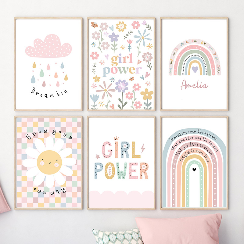 Baby Nursery Paintings - 保育園の壁画,北欧の漫画のポスター,太陽,花,虹,雲,ハートプリント,写真,赤ちゃん,子供部屋の装飾