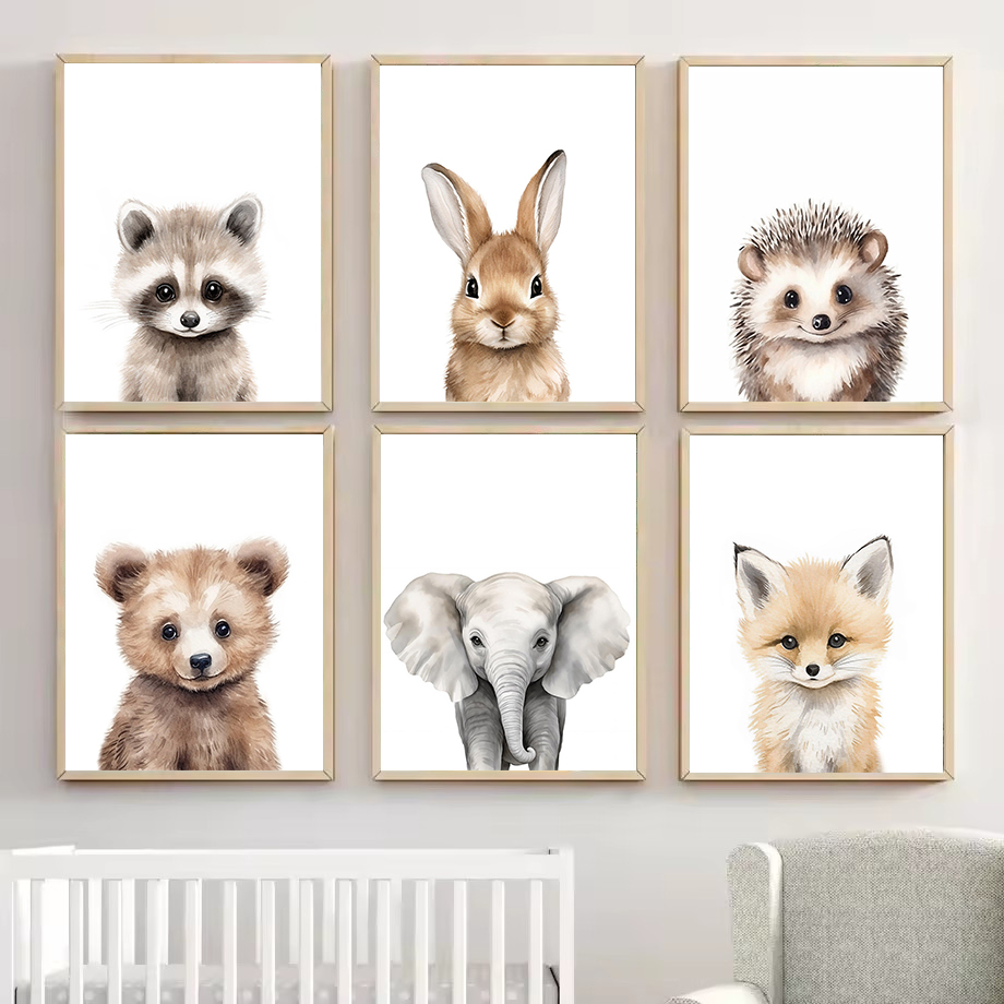 1枚の水彩画の森の動物たち、子熊、ウサギ、アライグマのポスタ - Baby Nursery Paintings のレビューと価格