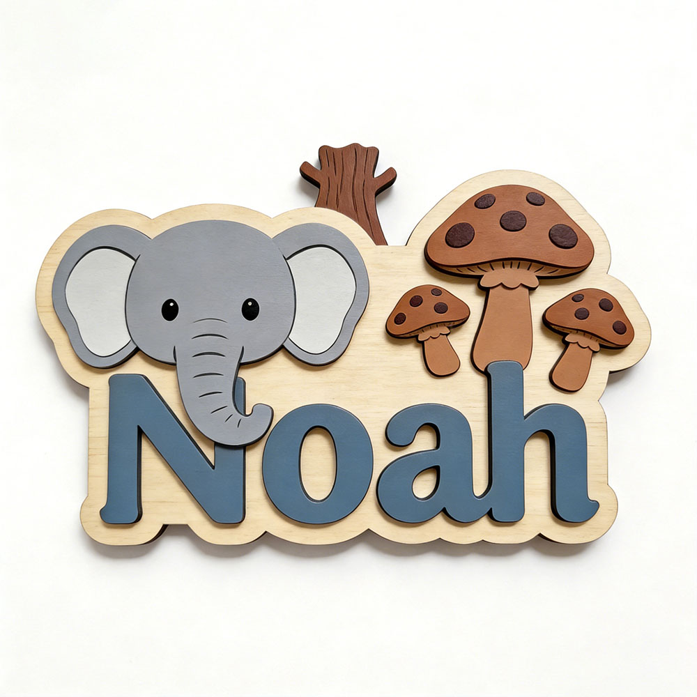 カスタマイズ可能な漫画風の象とキノコの名前入りプレート、男の - Baby Nursery Elephant Theme のレビューと価格