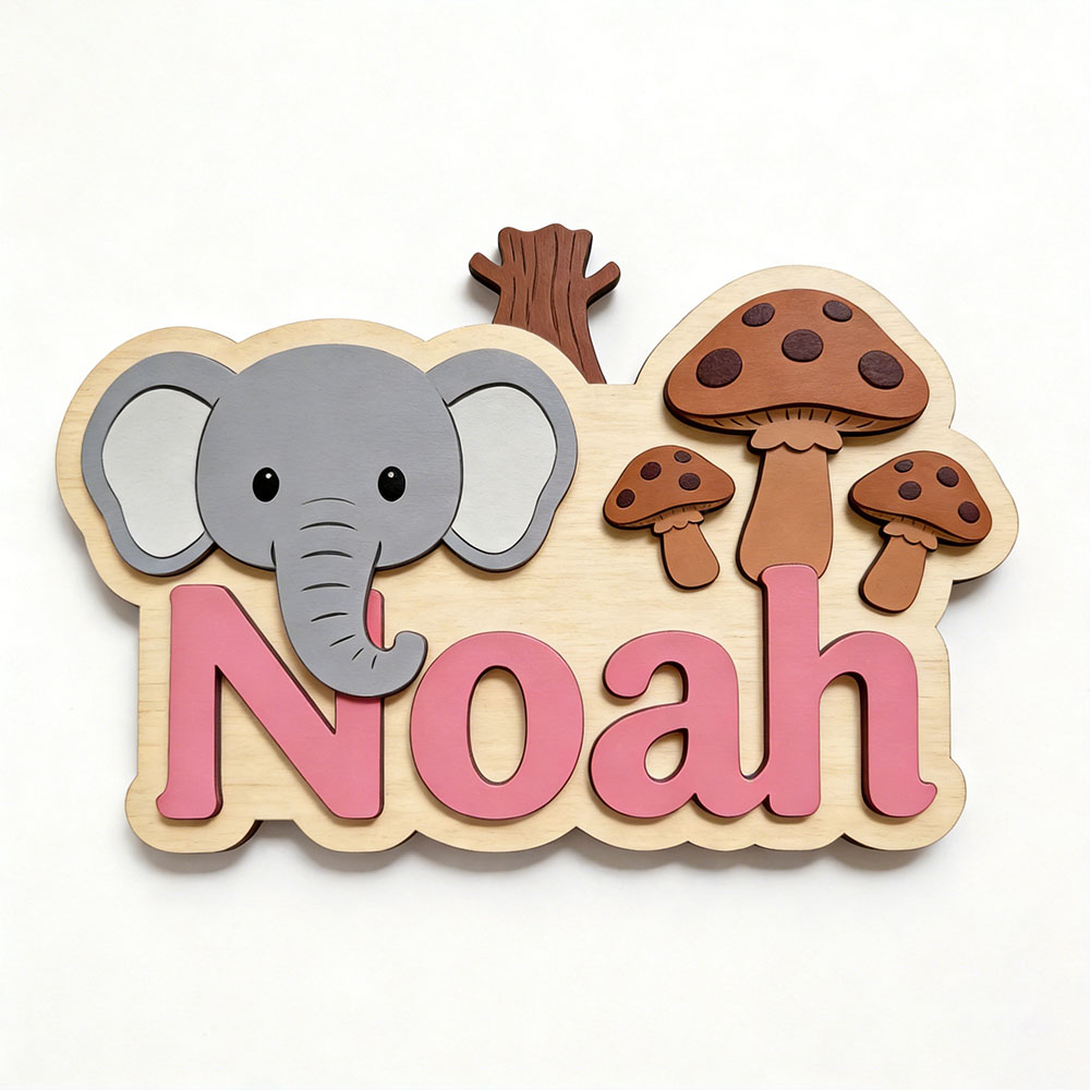 カスタマイズ可能な漫画風の象とキノコの名前入りプレート、男の - Baby Nursery Elephant Theme のレビューと価格