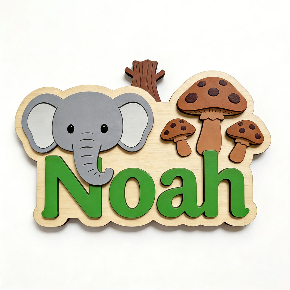 カスタマイズ可能な漫画風の象とキノコの名前入りプレート、男の - Baby Nursery Elephant Theme のレビューと価格