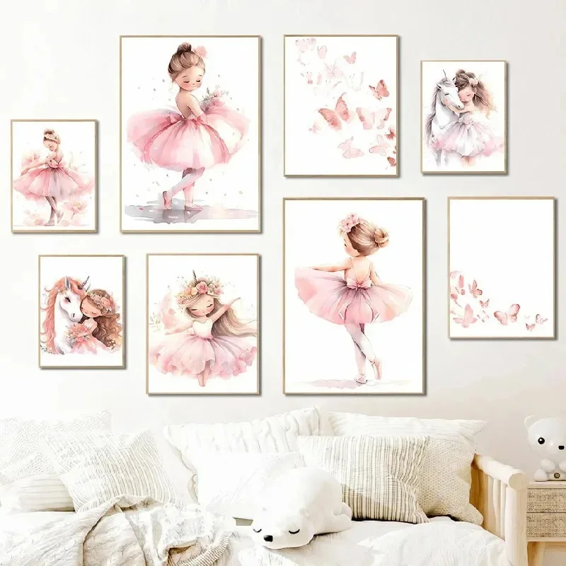 ピンクのバレリーナガールユニコーン蝶ポスター子供部屋装飾キャ - Baby Nursery Paintings のレビューと価格