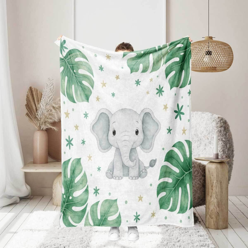かわいいゾウとモンステラの葉のブランケット ソフトフランネル - Baby Nursery Elephant Theme のレビューと価格