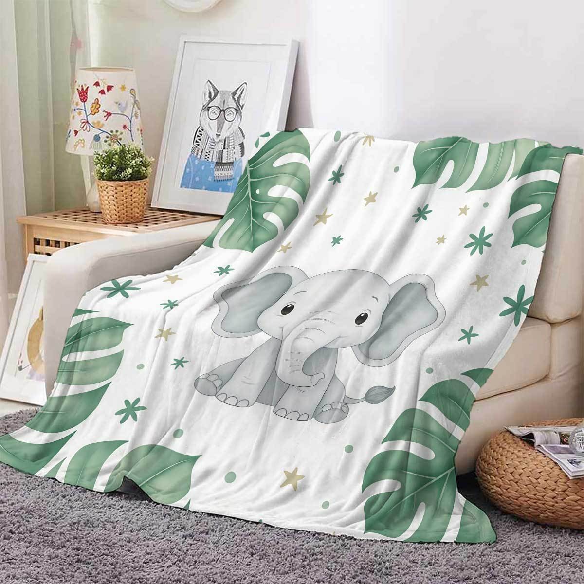 かわいいゾウとモンステラの葉のブランケット ソフトフランネル - Baby Nursery Elephant Theme のレビューと価格