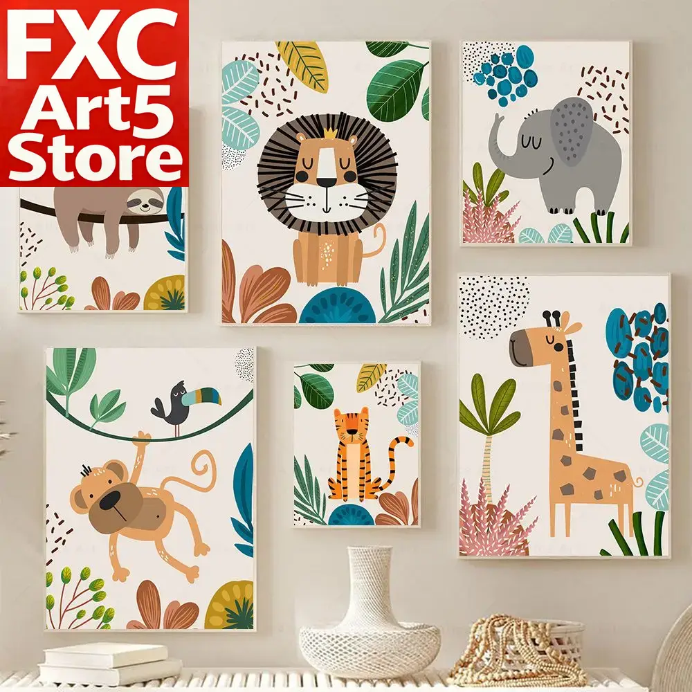 ボヘミアンスタイルの猿、ライオン、キリン、鳥、シマウマ、ゾウ - Baby Nursery Paintings のレビューと価格