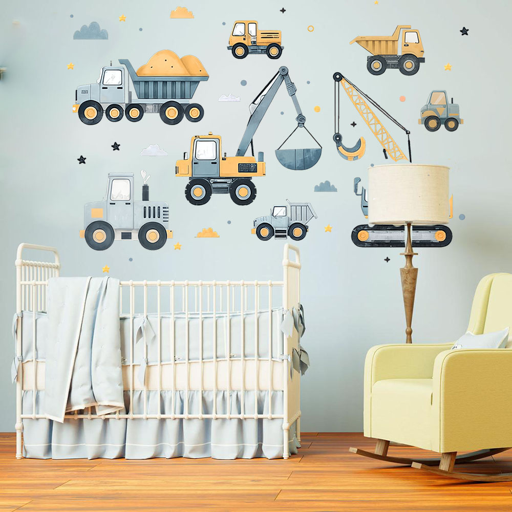漫画掘削機車両セット車の壁ステッカープレイルーム建物建設クレ - Baby Nursery Wall Decals のレビューと価格