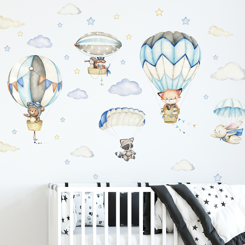 漫画かわいい動物熱気球ウォールステッカーキッズルームベビー保 - Baby Nursery Wall Decals のレビューと価格