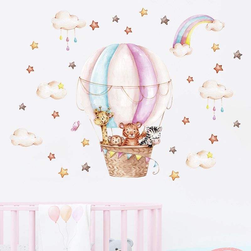 水彩ピンク熱気球かわいい動物雲虹壁ステッカー子供部屋用ベビー - Baby Nursery Vinyl Wall Stickers のレビューと価格