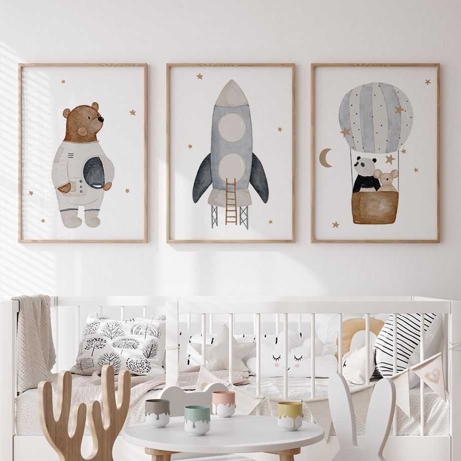 ボヘミアン風宇宙ロケットクマパンダマウス保育園ポスター漫画ウ - Baby Nursery Paintings のレビューと価格