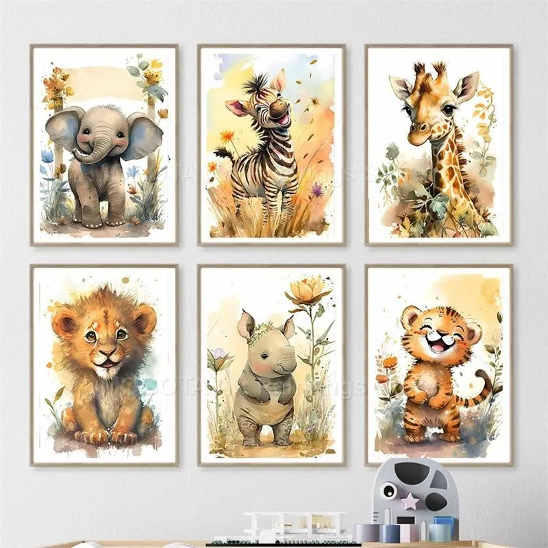 水彩ライオンキリン虎象シマウマ保育園壁アートキャンバス絵画動 - Baby Nursery Paintings のレビューと価格