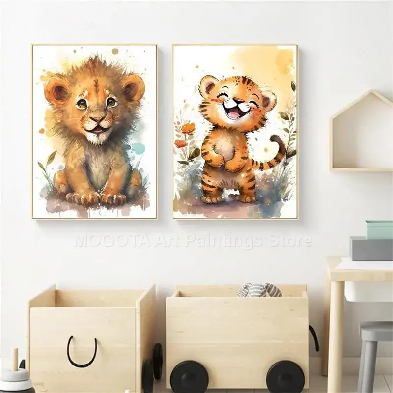 水彩ライオンキリン虎象シマウマ保育園壁アートキャンバス絵画動 - Baby Nursery Paintings のレビューと価格