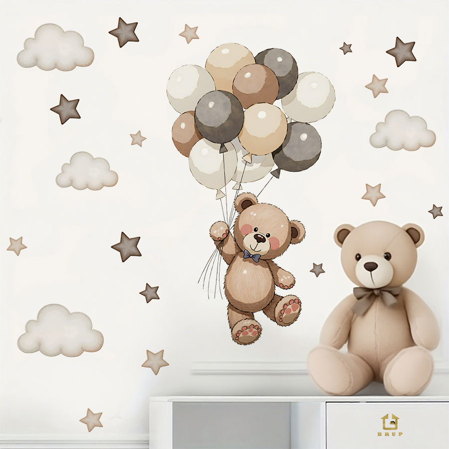 愛らしいテディベアの壁用ステッカー、風船、星、雲付きの取り外 - Baby Nursery Wall Decals のレビューと価格
