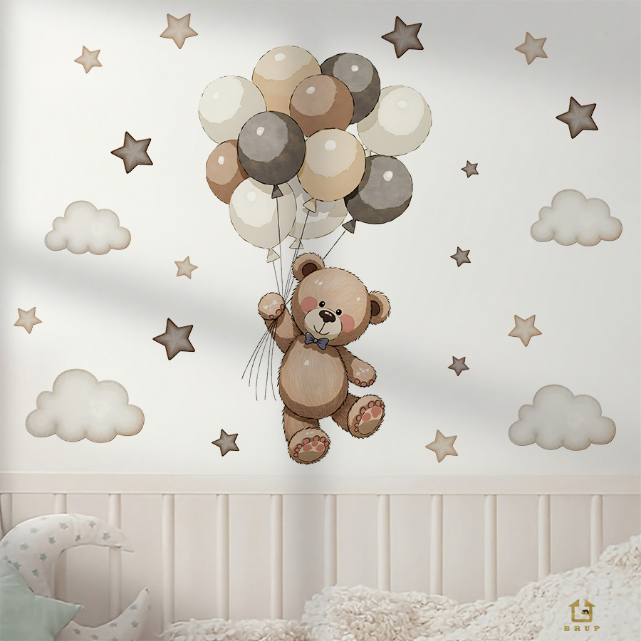 愛らしいテディベアの壁用ステッカー、風船、星、雲付きの取り外 - Baby Nursery Wall Decals のレビューと価格
