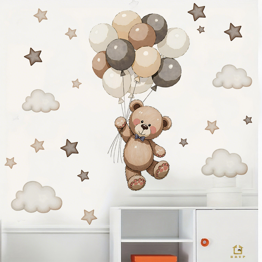 愛らしいテディベアの壁用ステッカー、風船、星、雲付きの取り外 - Baby Nursery Wall Decals のレビューと価格