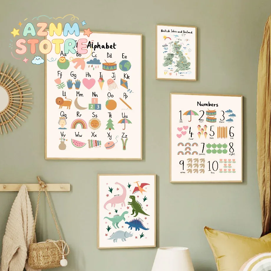動物世界地図 恐竜 アルファベット 数字 キャンバス ウォー - Baby Nursery Paintings のレビューと価格