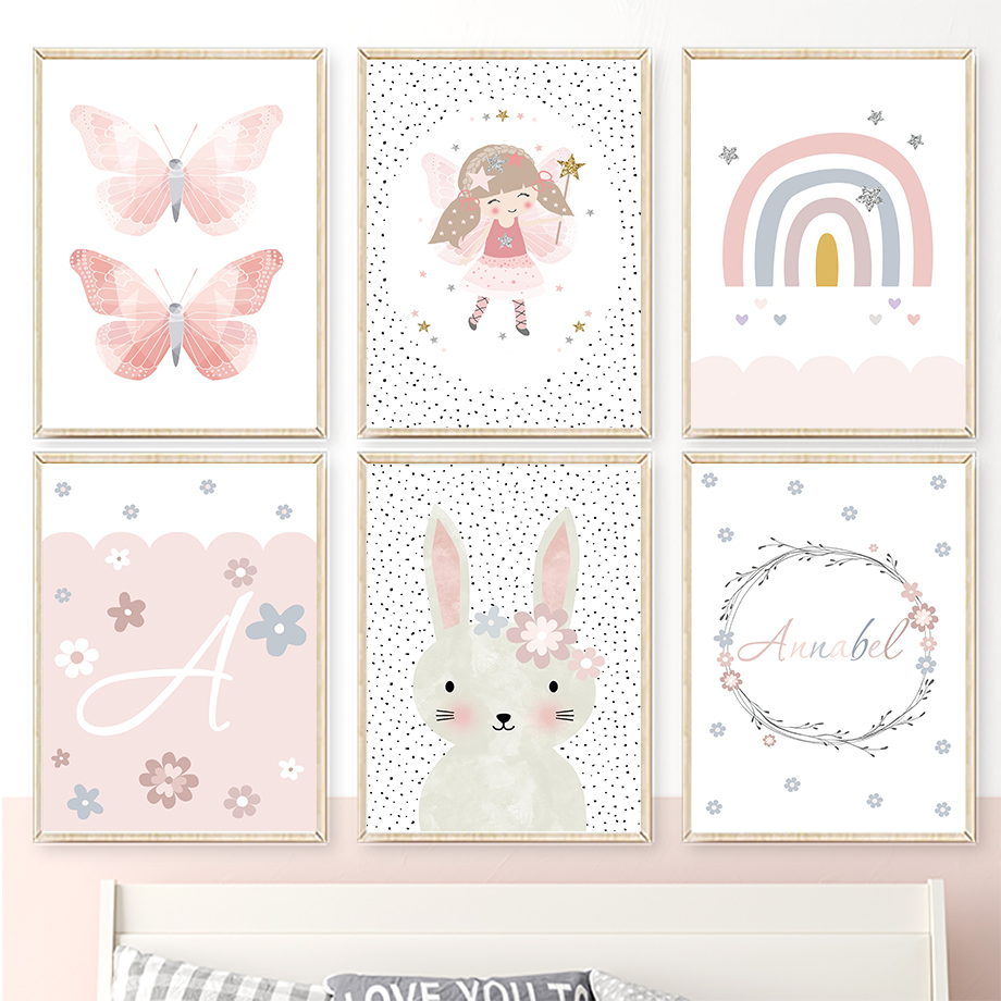 かわいい女の子ウサギ花蝶虹壁アートキャンバス絵画保育園ポスタ - Baby Nursery Paintings のレビューと価格