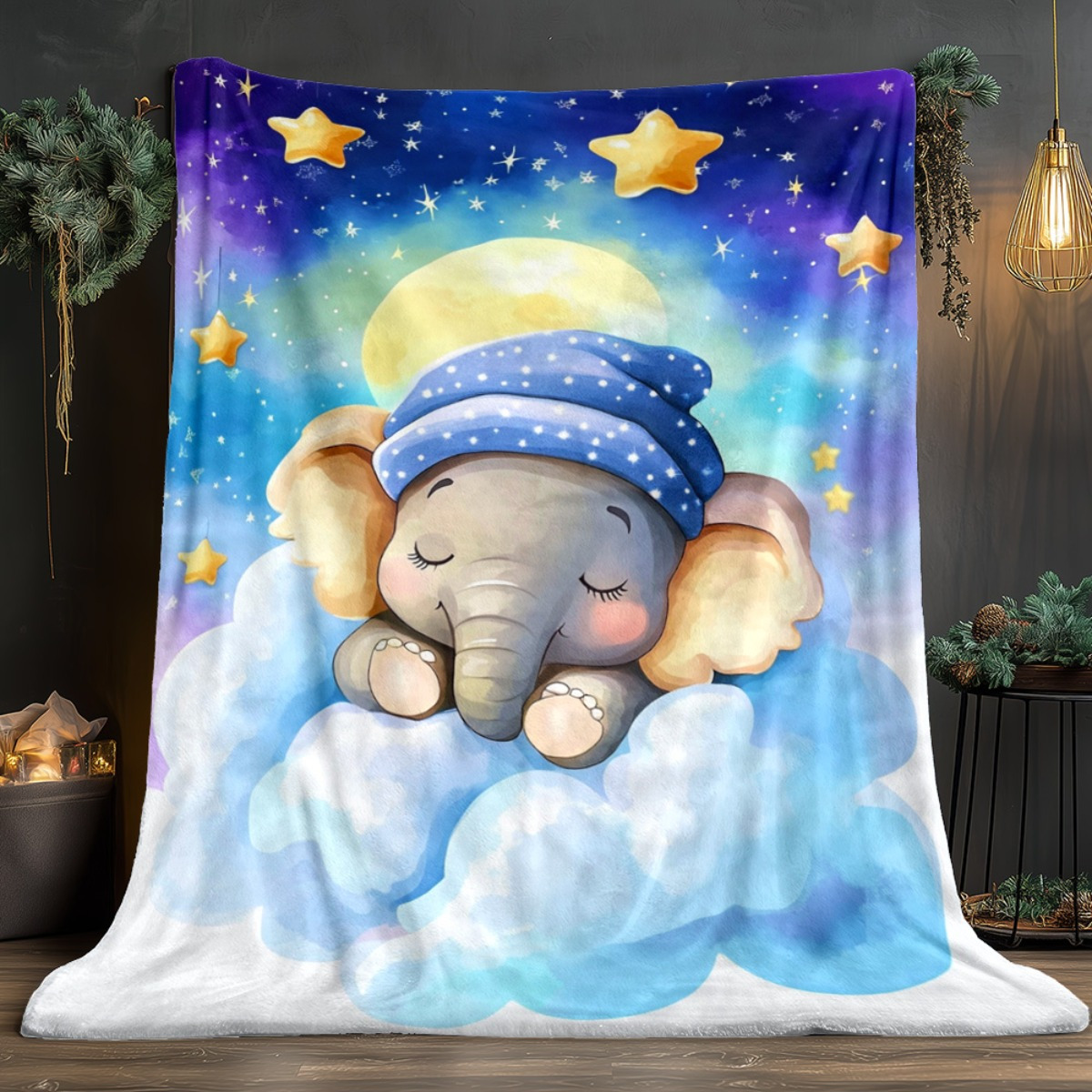 眠っている赤ちゃん象、雲、星、夜空、フリースブランケット、か - Baby Nursery Elephant Theme のレビューと価格