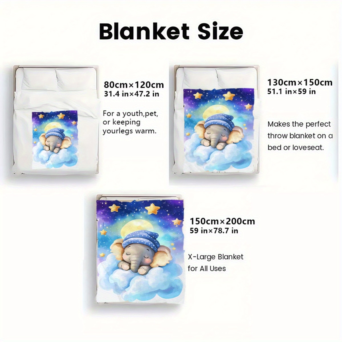眠っている赤ちゃん象、雲、星、夜空、フリースブランケット、か - Baby Nursery Elephant Theme のレビューと価格